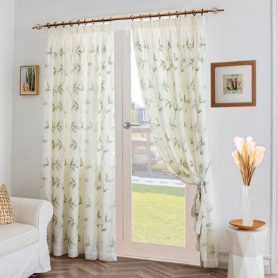 Zapata Leaf Embroidered Voile Curtains Pencil Pleat Pair