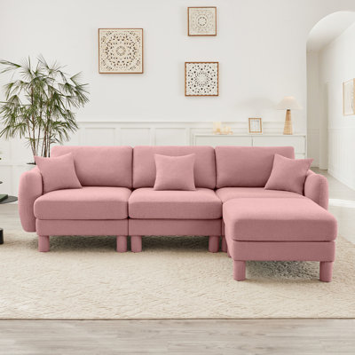 Boucle Fabric Convertible L Shape Sectional 3-Seater Sofa Couch With Distinctive Shell-Shaped Armrests And Removable Ottoman,Cylindrical Legs Wrapped With Self-Fabric,Pink Color