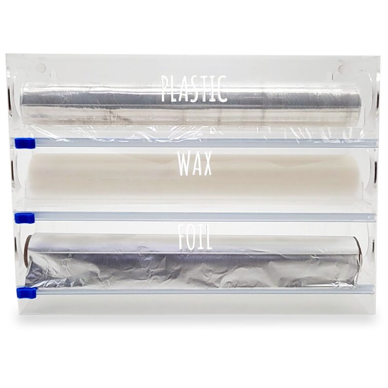 3 in 1 Foil, Wax Paper and Plastic Wrap Organizer bamboo. Aluminum Foil, Parchment  Paper and Cling Wrap Dispenser With Cutter. 16 Wide 