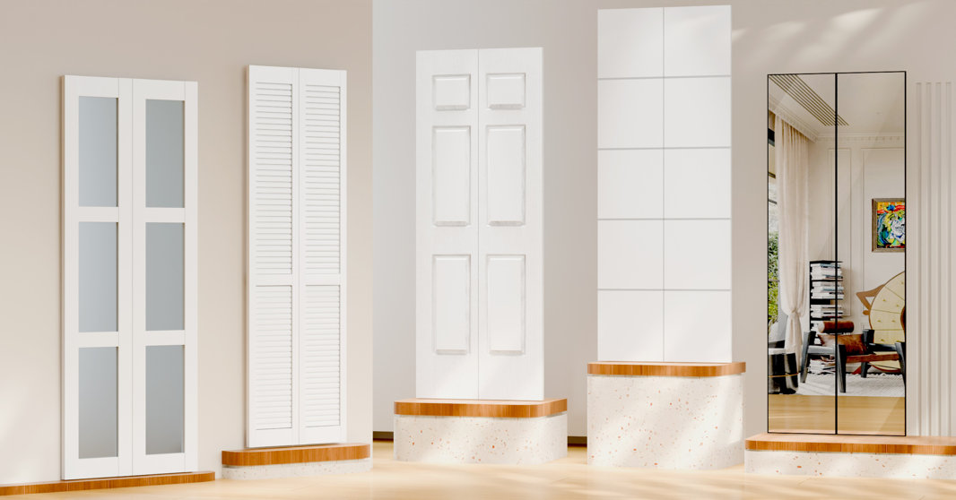A collection of various white interior door styles, including glass-panel, louvered, six-panel, flush, and mirrored closet doors, standing on display platforms in a bright room.
