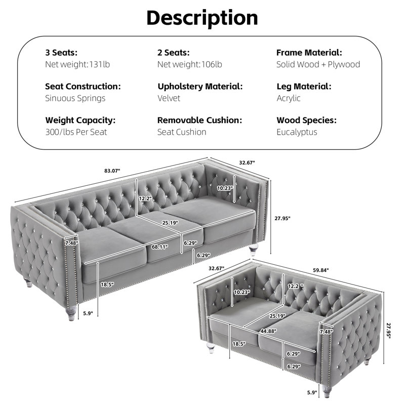 Ensemble de salon canapé en velours 2 pièces Eriseld, Velours gris