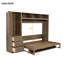 Lit escamotable double avec garde-robe, tiroirs et tablettes ouvertes, bois antique