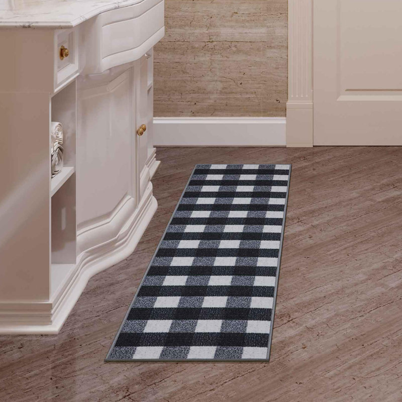 Black and White Checkered Synthetic Runner Rug 2'7" x 9'10"