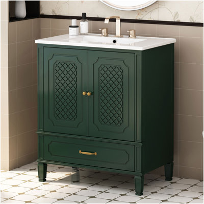 Meuble-lavabo 30 po avec lavabo style rétro, espace de rangement multifonctionnel, tablette de porte, porte à fermeture douce, vert
