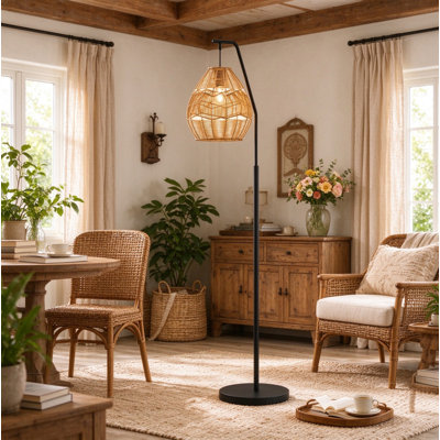 Lampe sur pied en fer noir, lampadaire en rotin tissé rustique Boho pour coin lecture et bureau (ampoules non incluses)