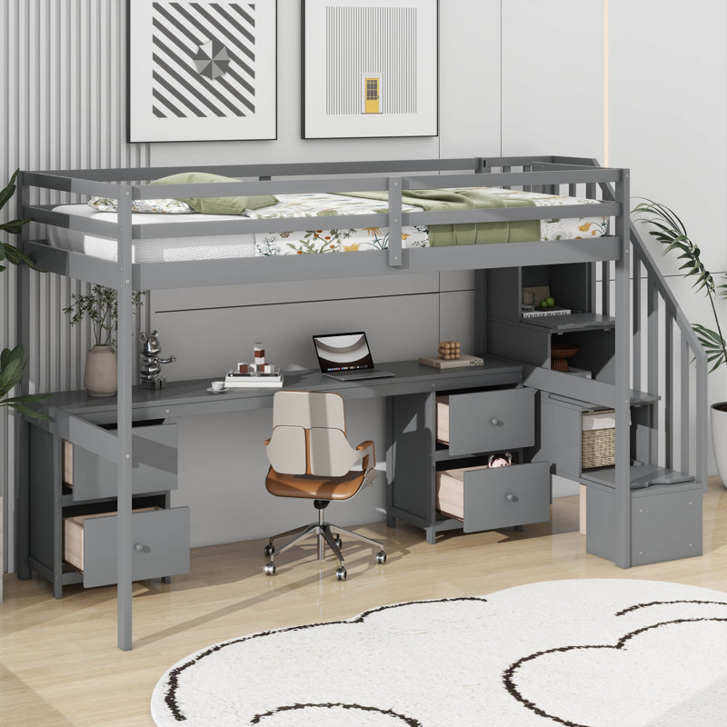 Structure de lit mezzanine simple Jaxsten avec bureau intégré et tiroirs de rangement doubles, gris