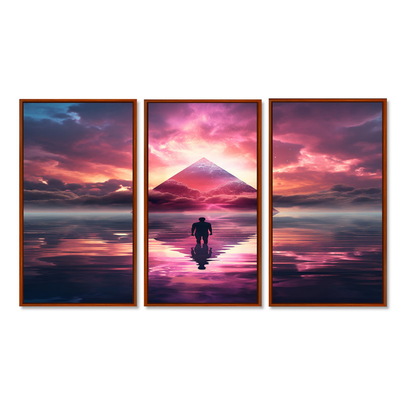 Hyeon - Ensemble d'art mural paysage abstrait, Cadre flottant brun, H 40 po x l 60 po x P 1 po