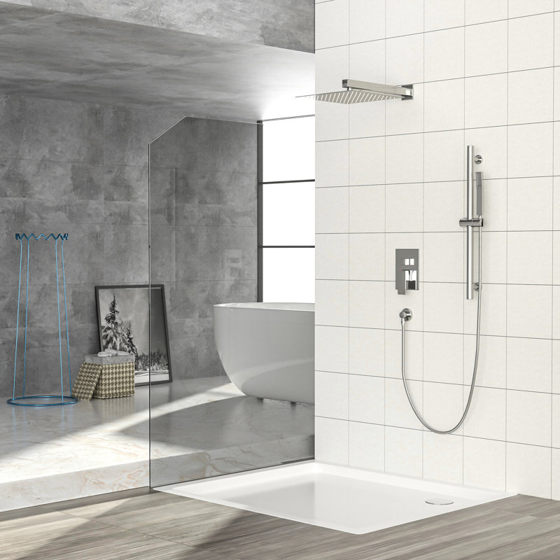 Système de douche mural carré de 10 pouces avec - soupape équilibrée, barre coulissante réglable, douche à effet de pluie et à main, facile à nettoyer, installation en nickel brossé,