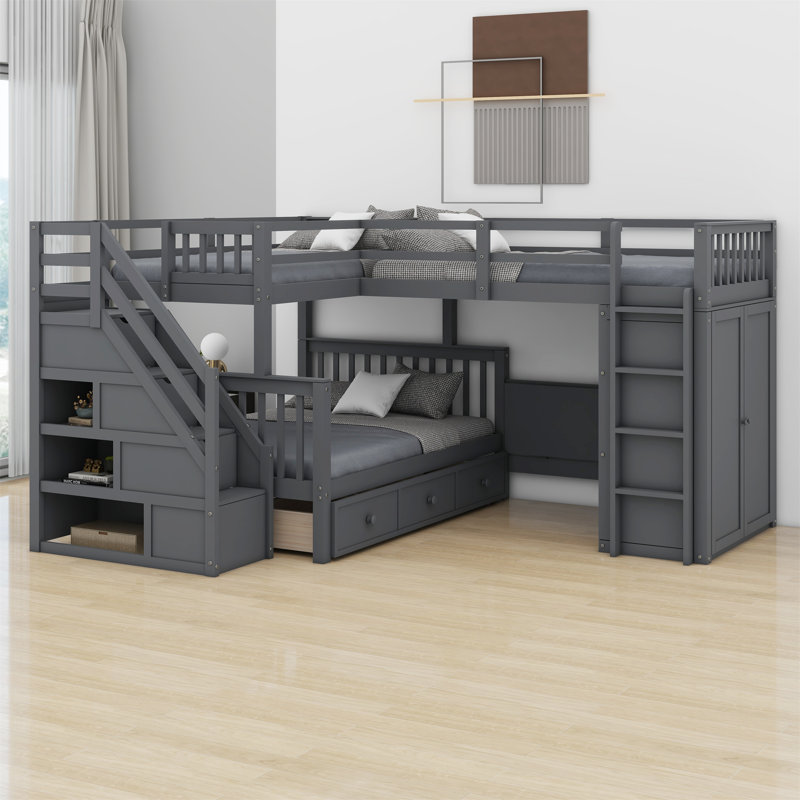 Javarrie Kids Bunk Bed with Drawers, Gray