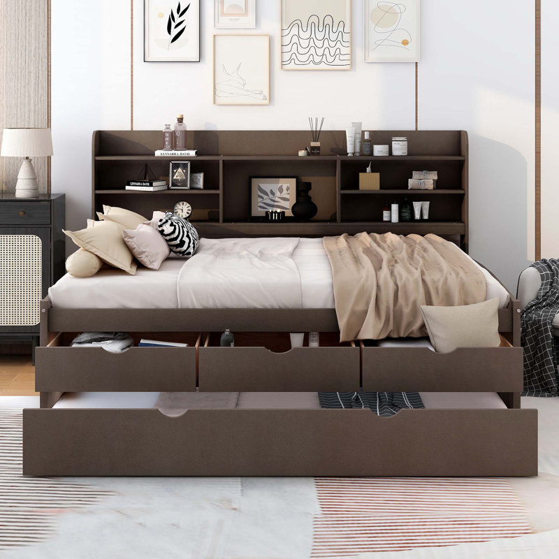 Wooden Captain Daybed Bed with Built-in Bookshelves, Full/Double, Antique Gray