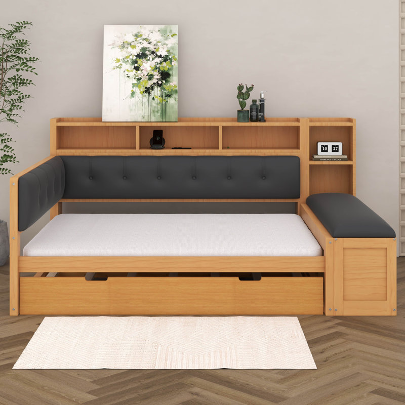 Full Size Wood Daybed With Trundle, Storage Shelves, Bench, Charging Station And Upholstered Headboard, Natural/Black
