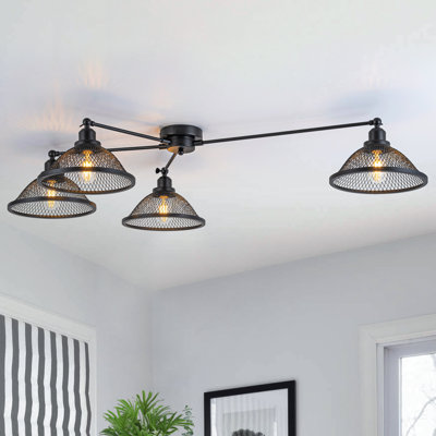 47.24" Industrial Linear Matte Black 4-Light Flush Mount Ceiling Light with Mesh Shades for Kitchen Island Dining Room