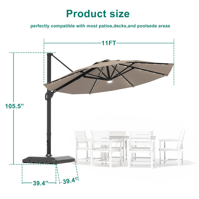 Parasol en porte-à-faux à DEL en aluminium 11 pi avec base pour terrasse, Gris