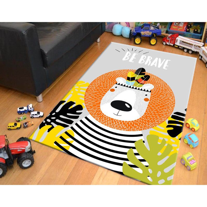 Tapis gris / orange / noir en polyester tissé à la machine, Rectangle 4 pi 11 po x 7 pi 7 po