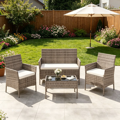 Ensemble de meubles de patio 4 pièces, mobilier d'extérieur en osier avec table basse en verre, ensemble de conversation en rotin gris avec coussins lavables pour la cour, le porche, la piscine, le jardin, la pelouse