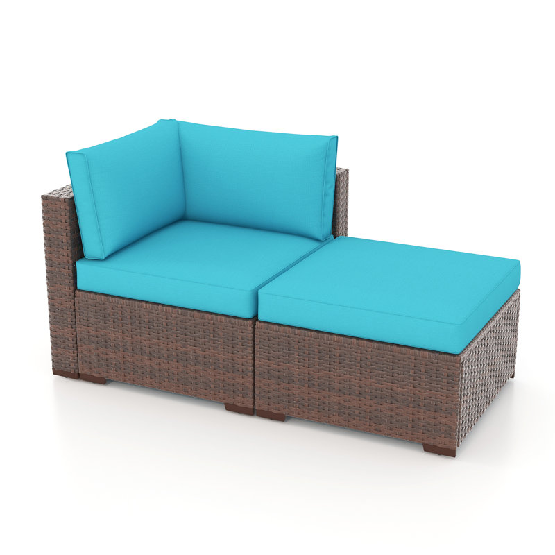 Chaise de patio avec coussins et repose-pieds, Coussin bleu / cadre brun