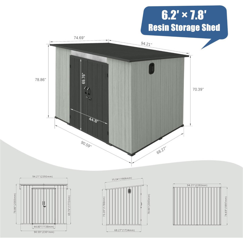 Remise de rangement extérieure en résine 6 x 8 pi avec fenêtres transparentes et évents à persiennes, remise à outils en plastique avec portes verrouillables doubles et toit incliné, remise de jardin extérieure pour la cour, le patio, la pelouse