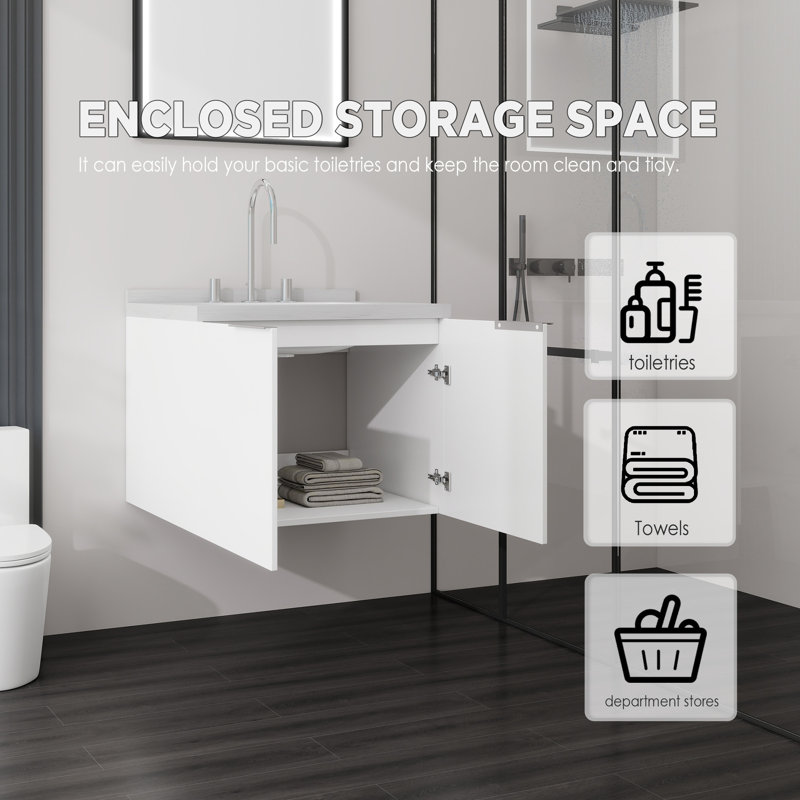 Meuble-lavabo suspendu de 61 cm avec lavabo, armoire en contreplaqué, lavabo en céramique, comptoir et dosseret en marbre synthétique blanc de Carrare de 5 cm, portes à fermeture amortie, blanc