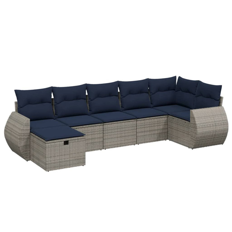 Latitude Run® 7 Piece Patio Sofa Set With Cushions Black Poly Rattan, Red Cushion/ Brown Frame