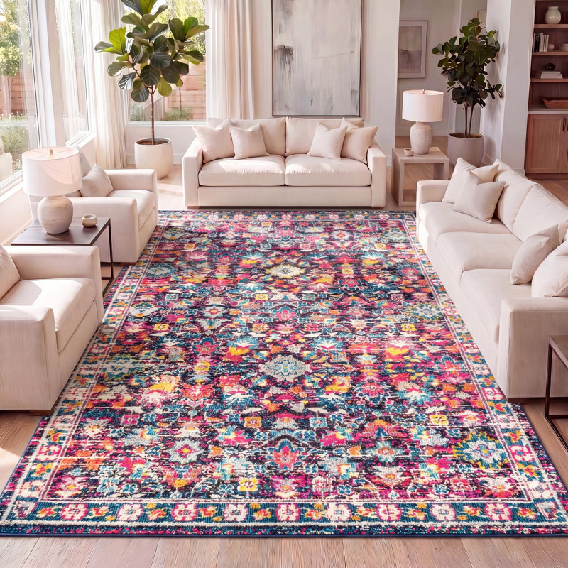 Tapis multicolore / mauve à motif floral Boho, Rectangle 8 pi 8 po x 12 pi