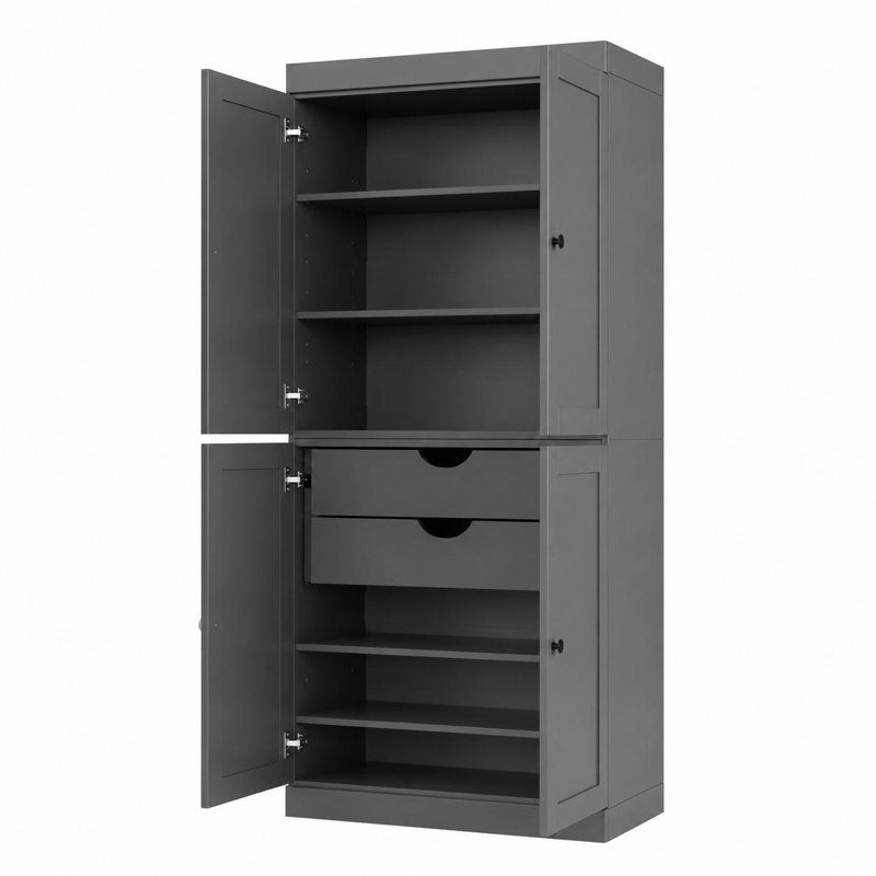 72" Gray Solid Wood Four Door Two Drawer Pantry Or Storage Closet