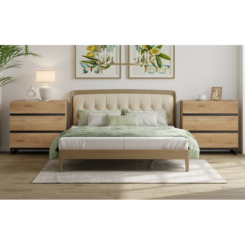 Aadam 3-Drawer Wood Nightstands with Metal Legs, Oak