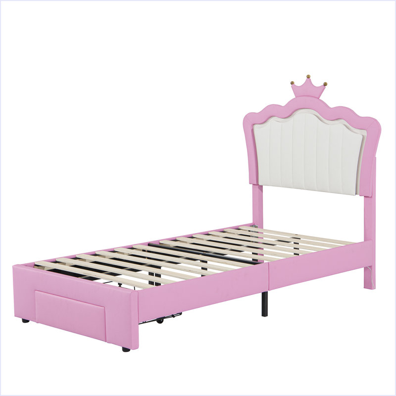 Structure de lit simple tapissier avec lumières DEL, lit princesse rembourré moderne avec tête de lit couronne