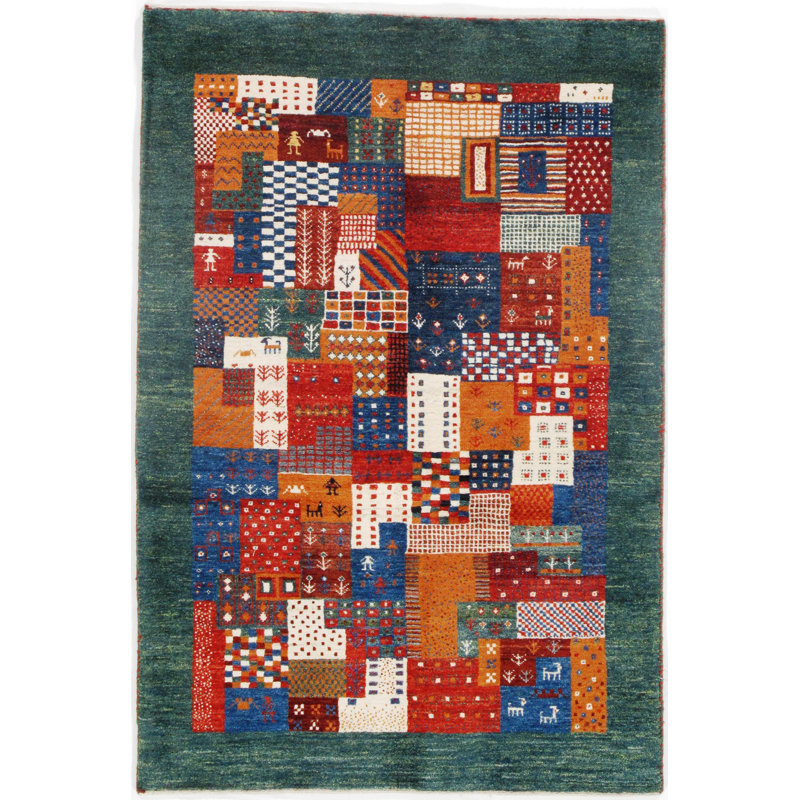 Tapis rouge / bleu sarcelle / blanc en coton noué à la main 3 pi 4 po x 4 pi 11 po Oriental