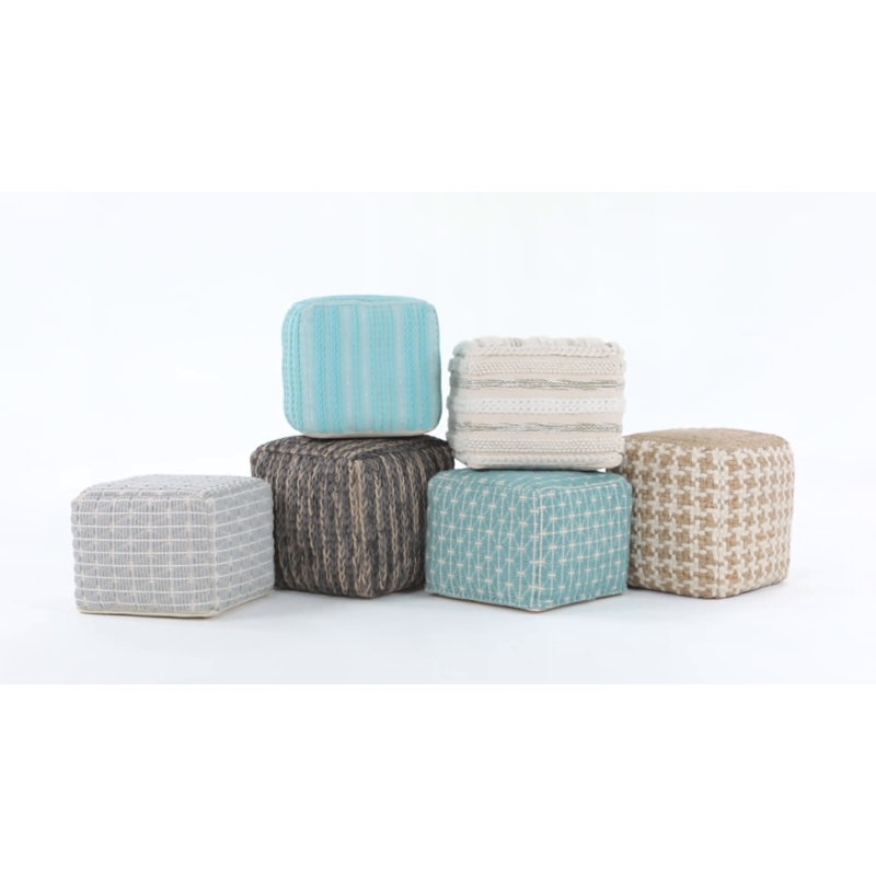 Noreen Light Blue and White Handloom Woven Square Pouf