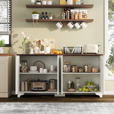 61" Large Buffet Sideboard Cabinet with 4 Fluted Doors – Modern MDF + PB Wood Storage Cabinet with Adjustable Shelves, Wave Pattern Accent for Kitchen, Living Room, Coffee Bar