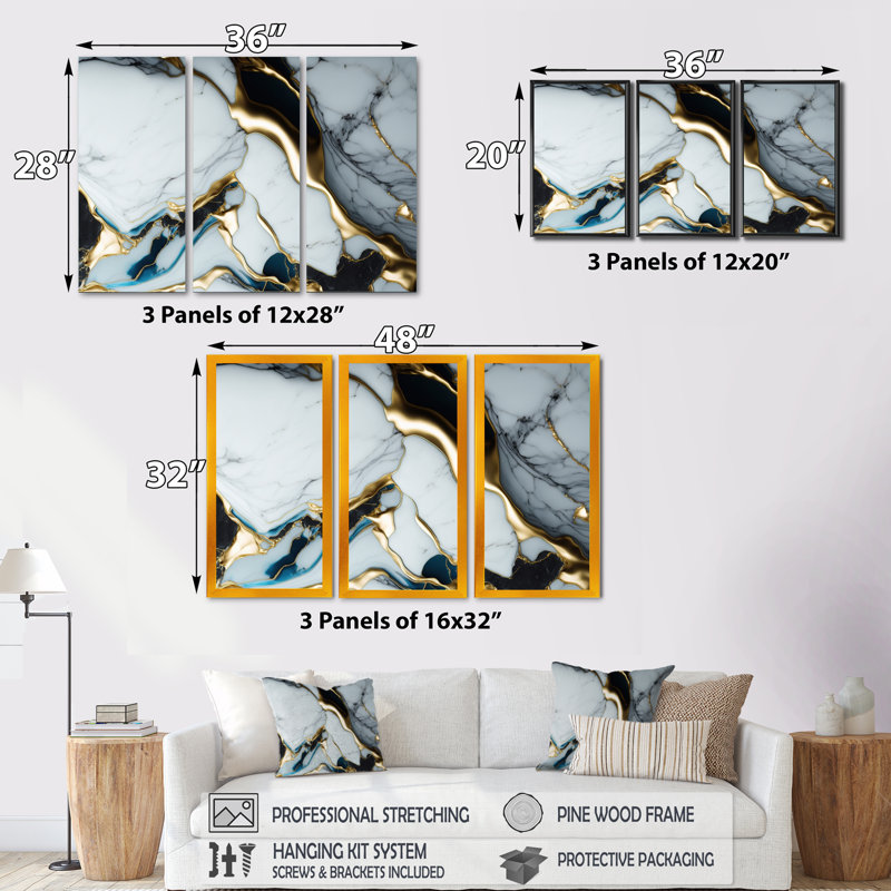 Géode abstraite dorée et marbre blanc II, reproduction sur toile 3 pièces, H 28 po x l 36 po x P 1 po, Cadre flottant doré