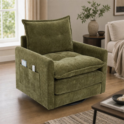 31.1-inch Medieval Modern Swivel Bucket Chair, Thick Cushioned Single Armchair, Solid Metal Base, Decorative Swivel Chair for Living Room and Bedroom