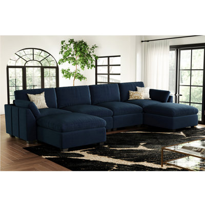 Velvet & Plush Wide Modular Sectional Sofa With Ottomans, L U Shaped Livingroom Sofa