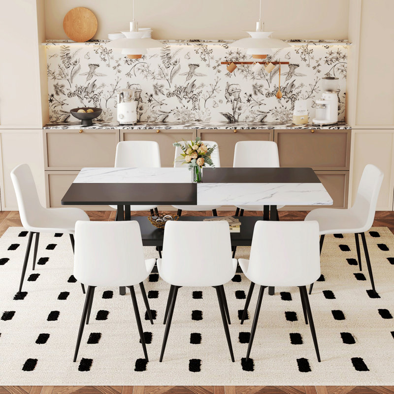 Table de salle à manger avec 8 chaises rembourrées, table de salle à manger de style moderne avec tablette de rangement