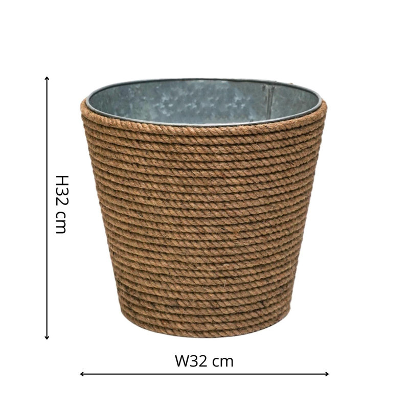 Jute and Galvanised Steel Planter Bucket, 32cm H x 32cm W x 32cm D