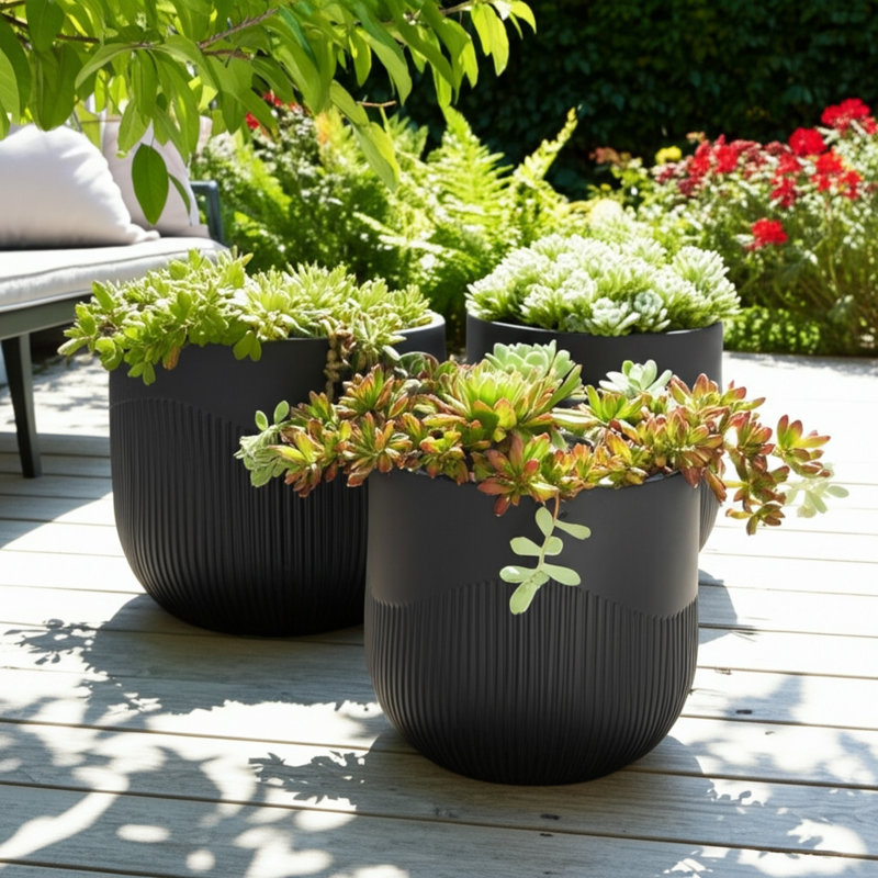 Planter Set Polyresin Carved Sculptural Design Decorative Indoor Outdoor Container Pots Contemporary Minimalist Style Durable Lightweight Construction Set Of 3