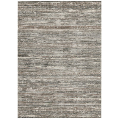 3' X 5' Beige And Gray Striped Washable Indoor Outdoor Area Rug