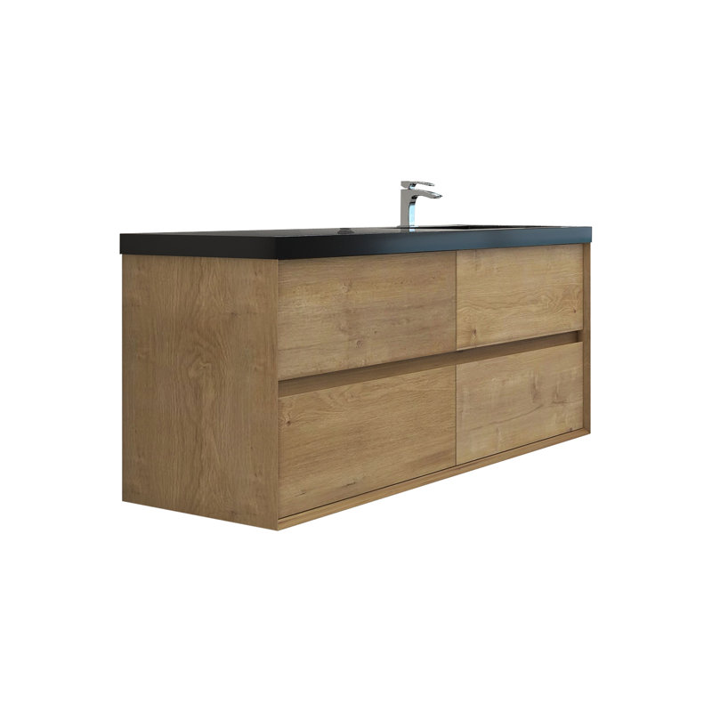 Smajo Right Sink 60" Wall-Mounted Single Bathroom Vanity Set, White Oak