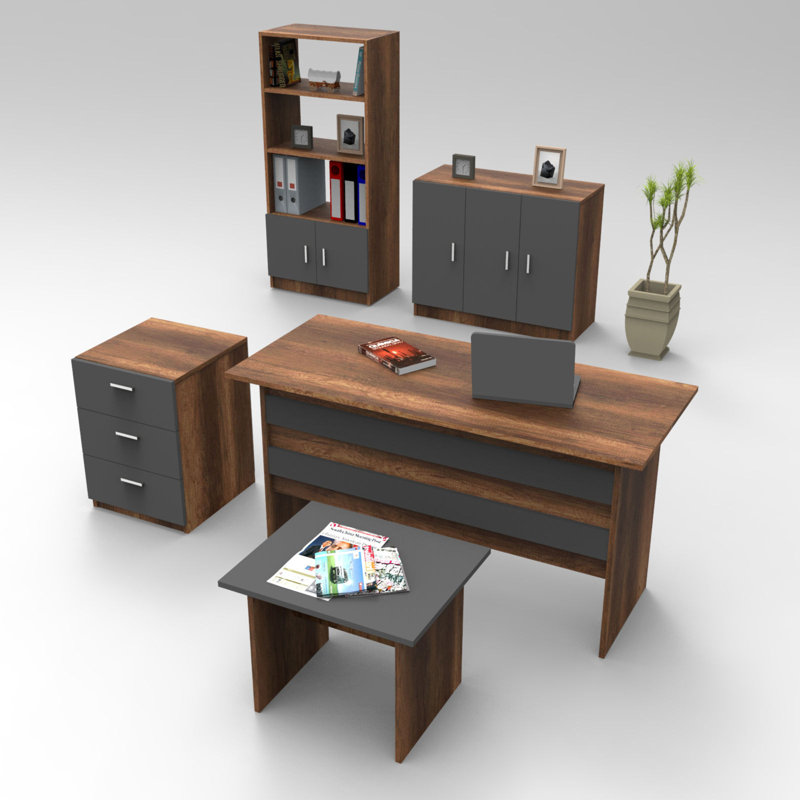 5 Piece Writing Desk Office Set, Brown/Black