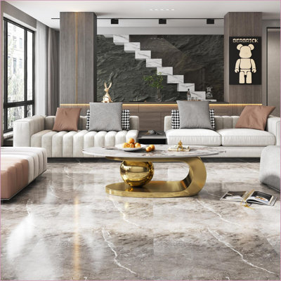Table basse ovale en faux marbre de 49 pouces avec base en acier inoxydable, facile à nettoyer et amp; Stable pour le salon
