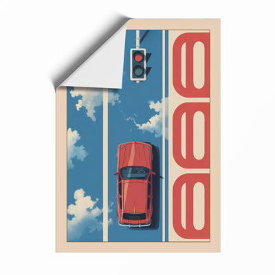 Red Car on Blue Road Retro - Framed Print