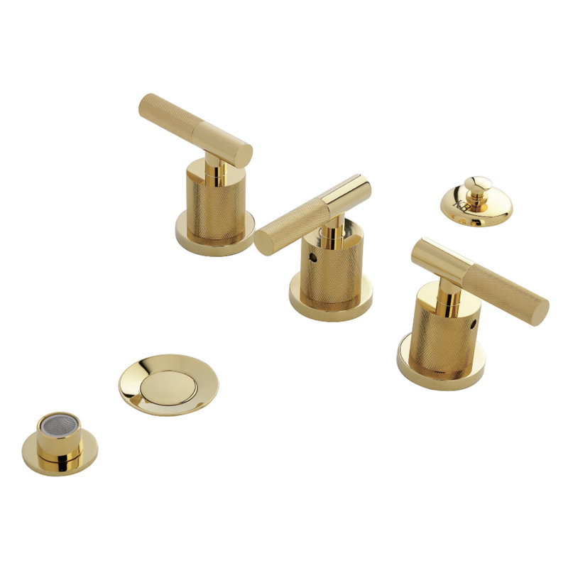 Kingston Brass Convergent Three-Handle Deck Mount Bidet Faucet With Knurled Handle And Brass Pop-Up Drain, Polished Brass