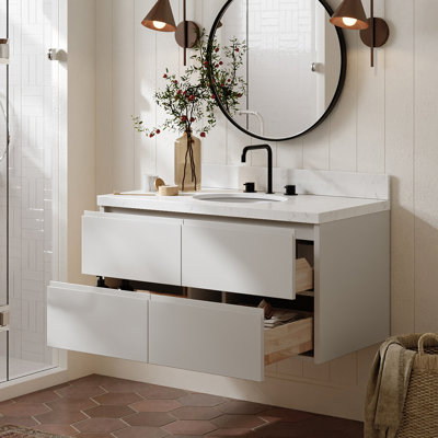   Ensemble de meuble-lavabo mural ovale simple de 42 po avec comptoir à quartz blanc de Carrare, Ensuko