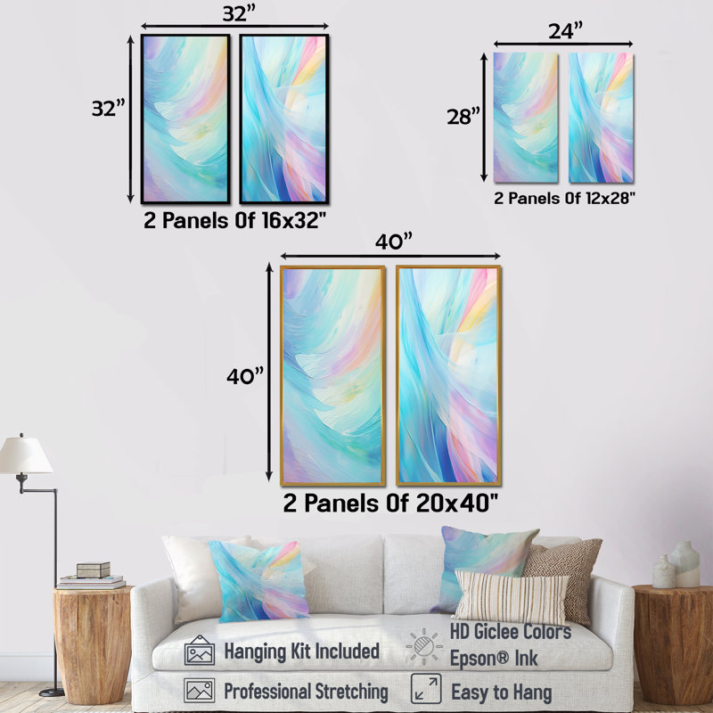 Soft Cyan Rainbow Whisper - Formes abstraites, ensemble de 2 impressions sur toile, H 28 po x l 25 po, Toile tendue