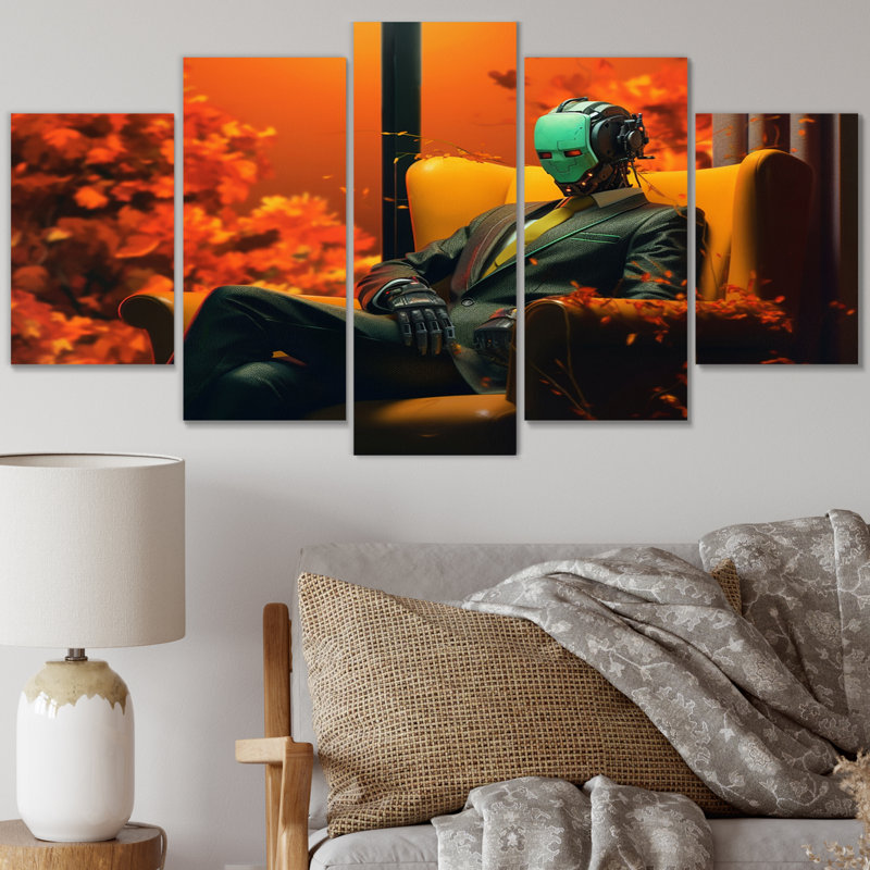Stylish Humanoid Android Sitting On Couch III - Robot Wall Art Living Room - 5 Panels