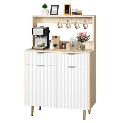 Fluted Sideboard Buffet Cabinet with Storage, Modern Coffee Bar Cabinet with Adjustable Shelves & 2 Drawers, Wood Buffet Console Table for Kitchen Din