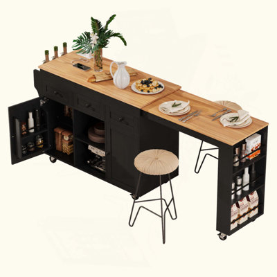 Kitchen Island With Extendable Dining Table, Kitchen Storage Table With 3 Side Open Shelves, Rolling Kitchen Island With Power Outlet, 3 Drawers, 2 Doors, For Kitchen, Dining Room