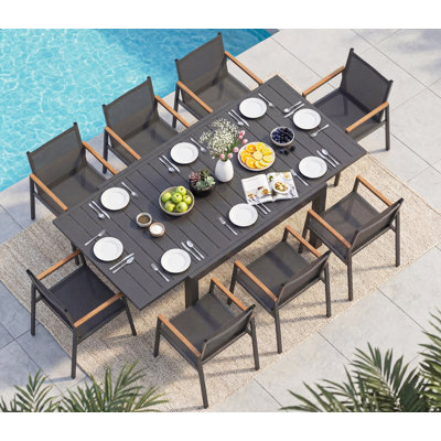 Ensemble de salle à manger de patio en aluminium pour 8 personnes avec table rectangulaire extensible et chaises en textilène