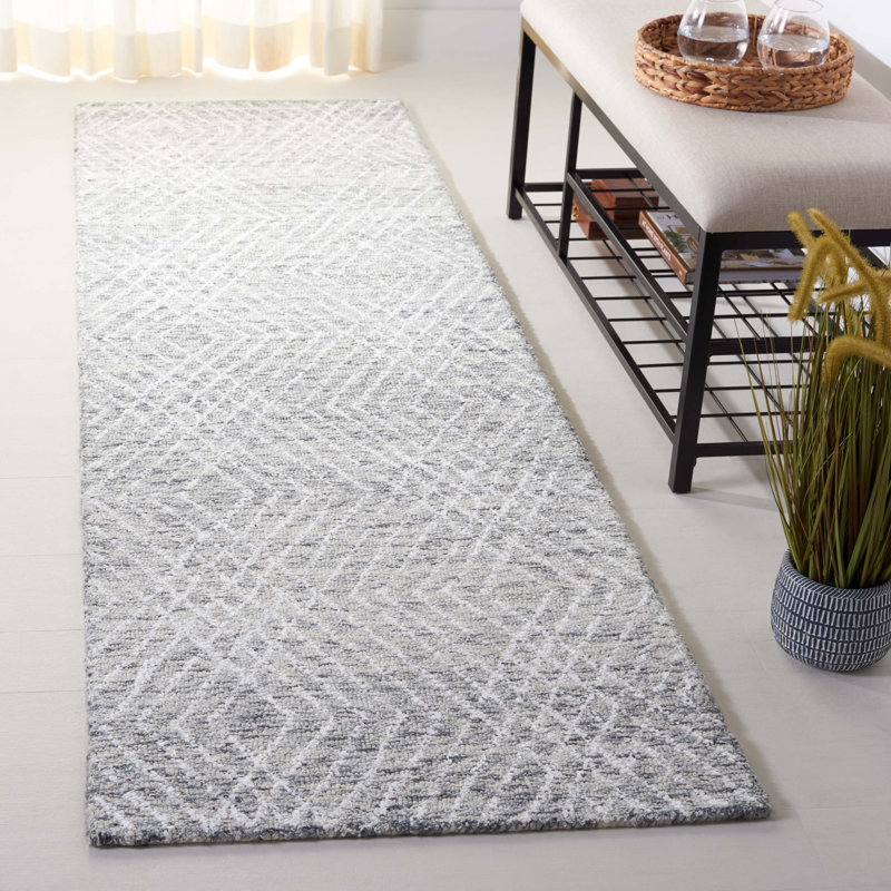 Tapis en laine / chenil / coton touffeté à la main Ulbertus ivoire / gris, Tapis de couloir 2 pi 3 po x 8 pi