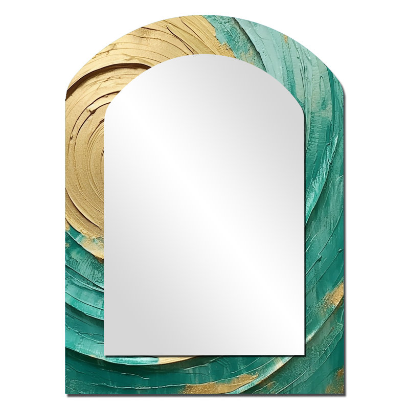 Teal Gold Surreal Spirals III - Abstract Spirals Arch Large Mirror, Modern Asymmetrical Unique Wall Mirror Decor, Printed Metal Art